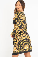 Black Gold Floral Scarf Print Plunge Mini Dress - Sydney