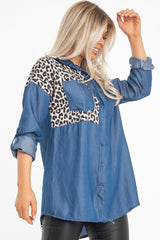 Blue Denim Leopard Print Insert Button Down Shirt - Shelby