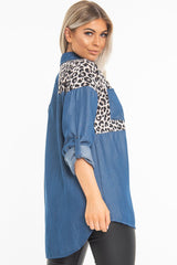 Blue Denim Leopard Print Insert Button Down Shirt - Shelby