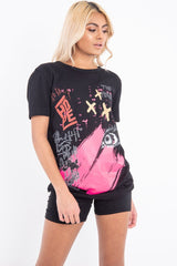 Black Printed Slogan Longline T-Shirt - Jaylissa