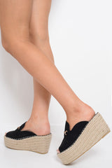 Black Faux Suede Rope Braid Mule Wedges - Saori