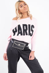 Pink Rib Knit Paris Slogan Jumper - Khylah