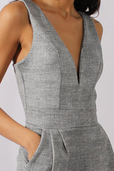 Grey Tweed Print Plunging Fitted Jumpsuit - Dubai