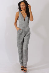 Grey Tweed Print Plunging Fitted Jumpsuit - Dubai