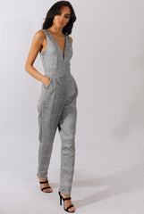 Grey Tweed Print Plunging Fitted Jumpsuit - Dubai