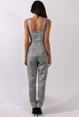 Grey Tweed Print Plunging Fitted Jumpsuit - Dubai