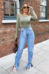 Khaki Keyhole Cut Out Slinky Bodysuit - Elidia