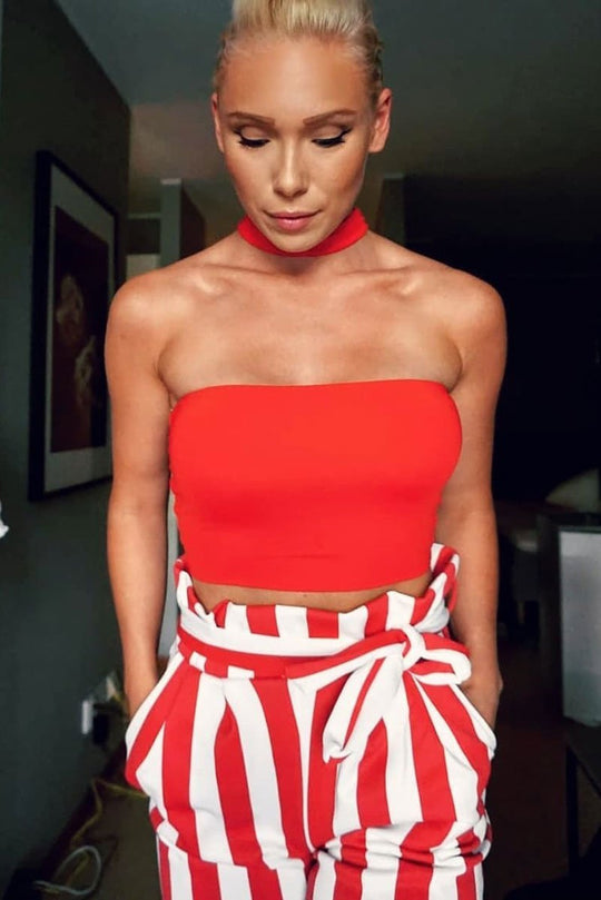 Red and White Striped Tie Waist Tapered Trousers - Dura