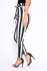 Black and White Striped Tie Waist Tapered Trousers - Dura