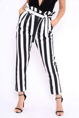 Black and White Striped Tie Waist Tapered Trousers - Dura