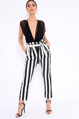 Black and White Striped Tie Waist Tapered Trousers - Dura
