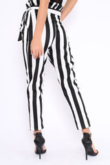 Black and White Striped Tie Waist Tapered Trousers - Dura