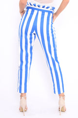 Blue and White Striped Tie Waist Tapered Trousers - Dura