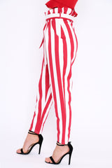 Red and White Striped Tie Waist Tapered Trousers - Dura