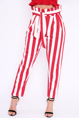 Red and White Striped Tie Waist Tapered Trousers - Dura