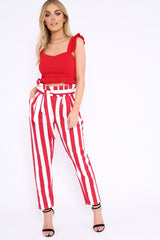 Red and White Striped Tie Waist Tapered Trousers - Dura