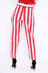 Red and White Striped Tie Waist Tapered Trousers - Dura