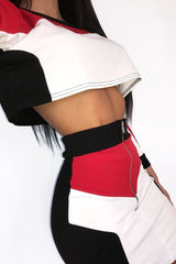 White Red and Black Colour Block Crop Top and Skirt Co-ord - Dyana