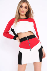 White Red and Black Colour Block Crop Top and Skirt Co-ord - Dyana