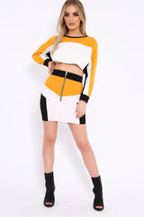 Mustard White and Black Colour Block Crop Top and Skirt Co-ord - Dyana