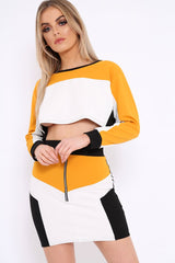 Mustard White and Black Colour Block Crop Top and Skirt Co-ord - Dyana