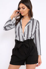 Black and White Striped Plunge Front Bodysuit - Dyanna
