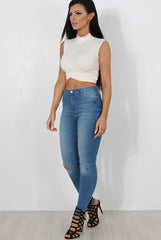 Claron White Ribbed High Neck Crop Top