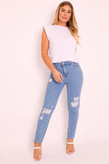Light Blue Ripped Slim Fit Mom Jeans - Lola
