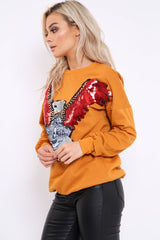 Mustard Sequin Embellished Rock Eagle Slogan Sweatshirt - Zaria