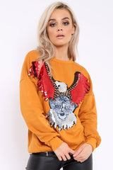 Mustard Sequin Embellished Rock Eagle Slogan Sweatshirt - Zaria