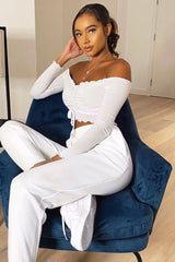 White Ribbed Bardot Crop Top - Daniah