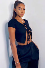 Black Open Tie Front Crop Top - Ozella