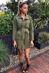 Khaki Utility Belted Zip Front Shirt Dress - Meliyah