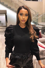 Black Ribbed Shirt Puff Sleeve Top - Kayler