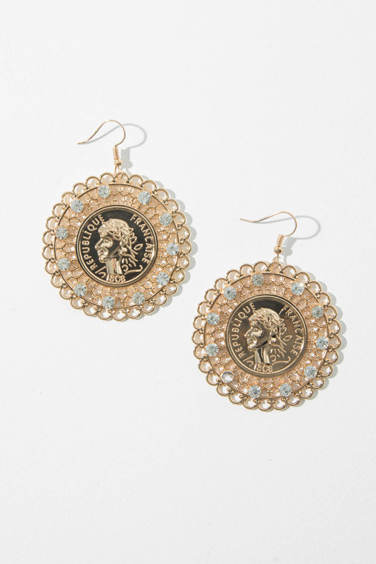 Gold Diamante Filigree Emblem Earrings - Juliyana