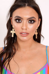Gold Floral Large Cross Drop Earrings - Josephine