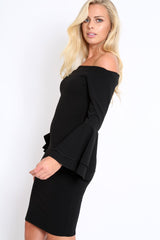 Black Bardot Flared Sleeve Dress - Ebony