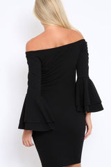 Black Bardot Flared Sleeve Dress - Ebony