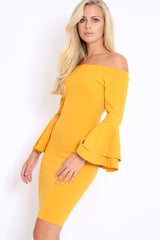 Mustard Bardot Flared Sleeve Dress - Ebony