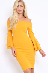 Mustard Bardot Flared Sleeve Dress - Ebony