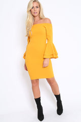 Mustard Bardot Flared Sleeve Dress - Ebony