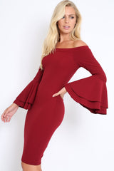 Wine Bardot Flared Sleeve Dress - Ebony