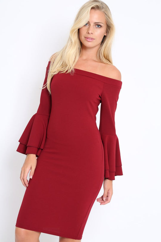 Wine Bardot Flared Sleeve Dress - Ebony