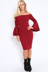 Wine Bardot Flared Sleeve Dress - Ebony