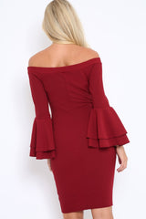 Wine Bardot Flared Sleeve Dress - Ebony