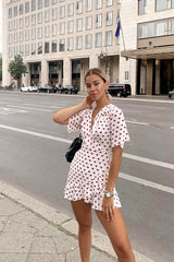 White Heart Print Plunge Ruffle Detail Mini Dress - Nicolle