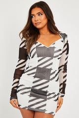 Black White Houndstooth Mesh Bodycon Dress - Caela