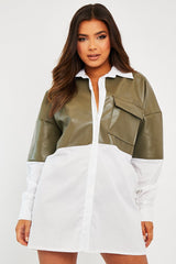 Khaki Faux Leather Panel Shirt Dress - Arriya