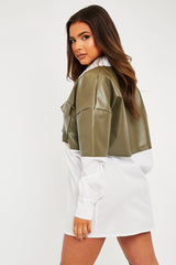 Khaki Faux Leather Panel Shirt Dress - Arriya