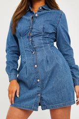 Mid Blue Tailored Waist Denim Shirt Dress - Danaria